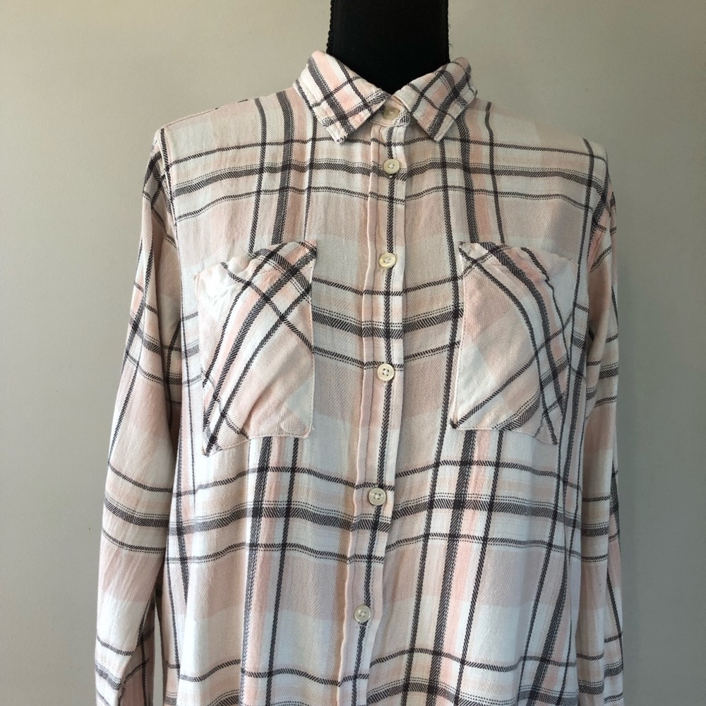 Women’s Maison Coupé Pink Plaid Button down Open back Flannel Shirt size L - Picture 3 of 9